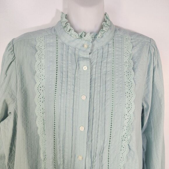 Loft Womens Blouse Medium Mint Green Lace Pleated Button Down Textured Long Slv - Picture 3 of 9